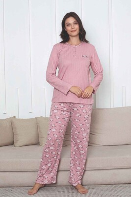 Çiçek Desenli Kadın Pijama Takımı - Gülkurusu Nakışlı Kışlık Şardonlu İnterlok 2879UK - 3