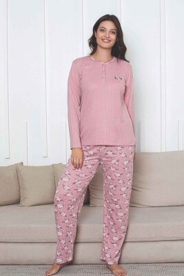 Çiçek Desenli Kadın Pijama Takımı - Gülkurusu Nakışlı Kışlık Şardonlu İnterlok 2879UK - 4