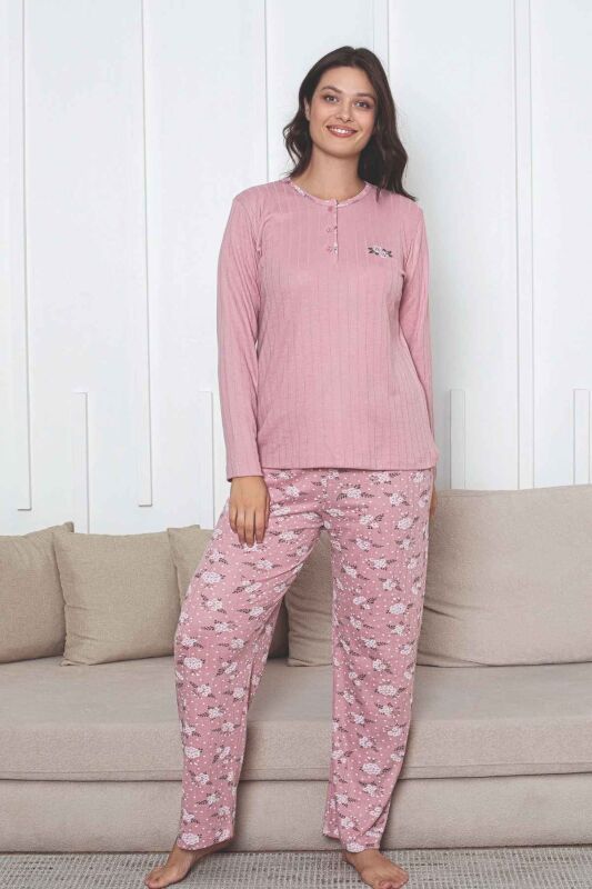 Çiçek Desenli Kadın Pijama Takımı - Gülkurusu Nakışlı Kışlık Şardonlu İnterlok 2879UK - 4