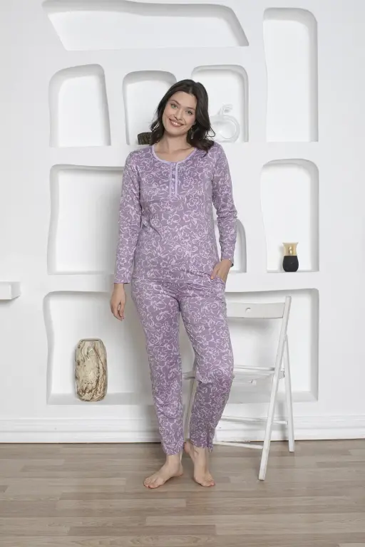 Çiçek Desenli Kadın Pijama Takımı - Likralı Milan Uzun Kollu 2814UKL - 3