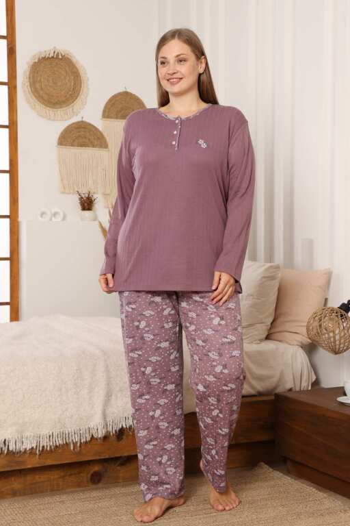 Çiçek Desenli Kadın Pijama Takımı - Mürdüm Nakışlı Kışlık Şardonlu İnterlok 2879UK - Alimer