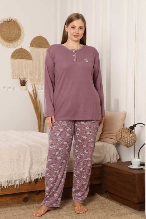 Çiçek Desenli Kadın Pijama Takımı - Mürdüm Nakışlı Kışlık Şardonlu İnterlok 2879UK - 3
