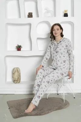Çiçek Desenli Kadın Pijama Takımı -Uzun Kollu Penye 2820UK - Alimer (1)