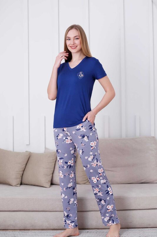 Çiçek Desenli Kadın Pijama Takımı - V Yaka Likralı Viskon Kısa Kollu 2837KY - 2