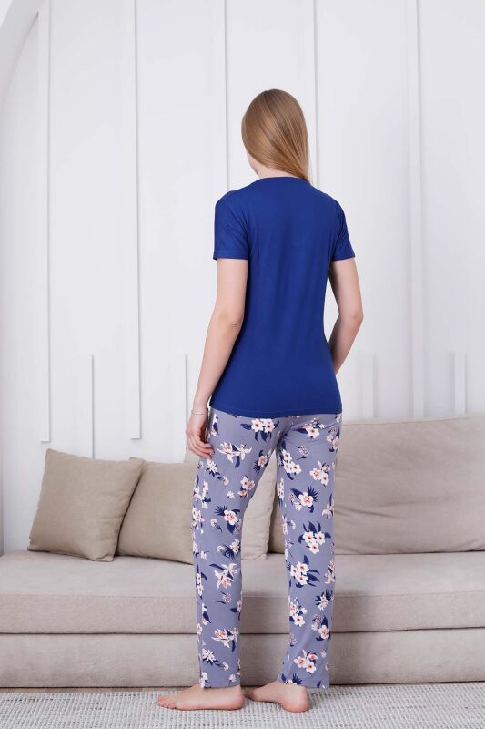 Çiçek Desenli Kadın Pijama Takımı - V Yaka Likralı Viskon Kısa Kollu 2837KY - 5