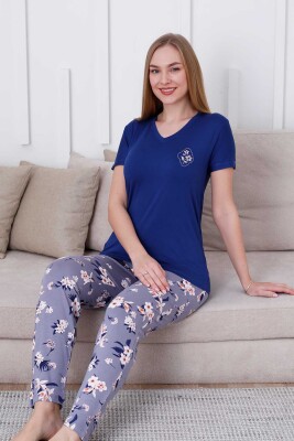 Çiçek Desenli Kadın Pijama Takımı - V Yaka Likralı Viskon Kısa Kollu 2837KY - 4