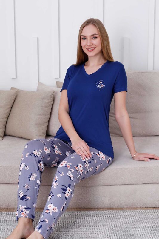 Çiçek Desenli Kadın Pijama Takımı - V Yaka Likralı Viskon Kısa Kollu 2837KY - 4