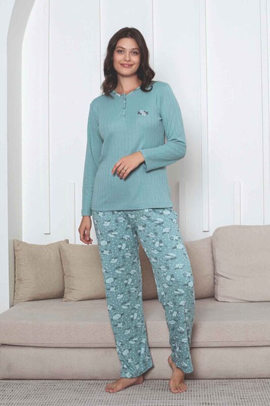 Çiçek Desenli Kadın Pijama Takımı - Yeşil Nakışlı Kışlık Şardonlu İnterlok 2879UK - 5
