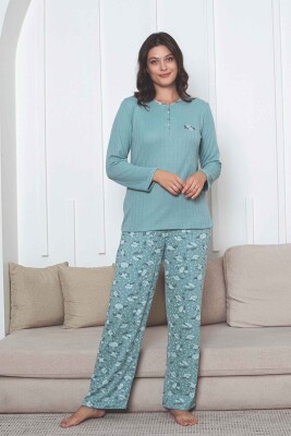 Çiçek Desenli Kadın Pijama Takımı - Yeşil Nakışlı Kışlık Şardonlu İnterlok 2879UK - 1