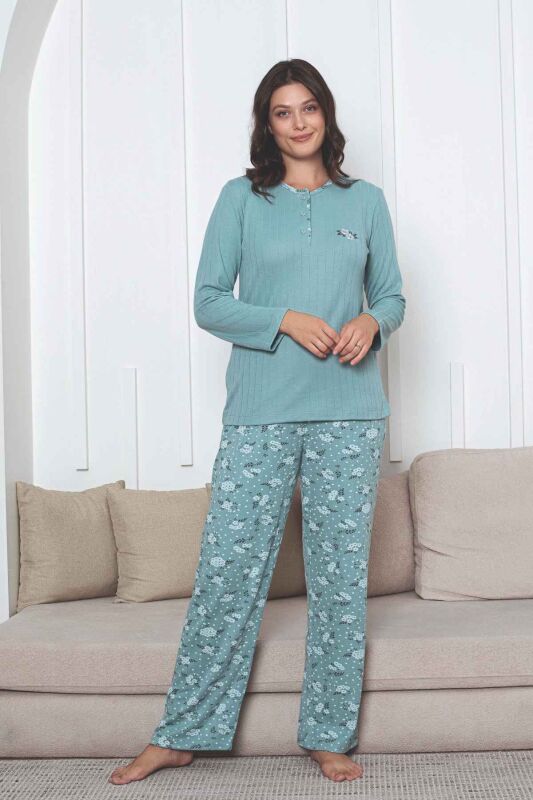 Çiçek Desenli Kadın Pijama Takımı - Yeşil Nakışlı Kışlık Şardonlu İnterlok 2879UK - 1