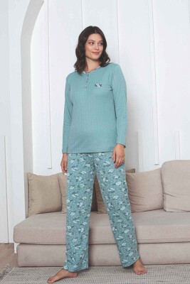 Çiçek Desenli Kadın Pijama Takımı - Yeşil Nakışlı Kışlık Şardonlu İnterlok 2879UK - 3