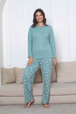Çiçek Desenli Kadın Pijama Takımı - Yeşil Nakışlı Kışlık Şardonlu İnterlok 2879UK - 2