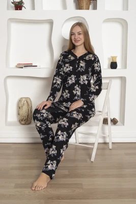 Çiçek Desenli Kadın Pijama Takımı - Uzun Kollu Penye 2806UY - 3