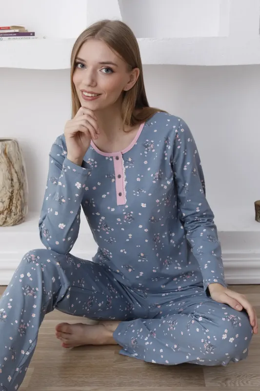 Çiçek Desenli Kadın Pijama Takımı - Uzun Kollu Likralı Penye 2808UKL - 2