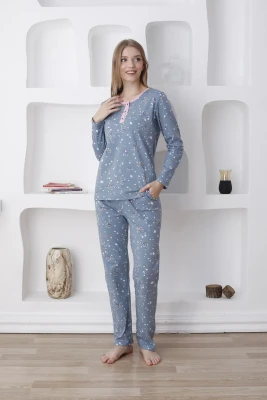 Çiçek Desenli Kadın Pijama Takımı - Uzun Kollu Likralı Penye 2808UKL - 3