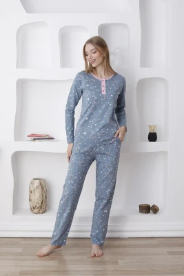 Çiçek Desenli Kadın Pijama Takımı - Uzun Kollu Likralı Penye 2808UY - 5