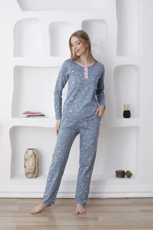Çiçek Desenli Kadın Pijama Takımı - Uzun Kollu Likralı Penye 2808UY - 5