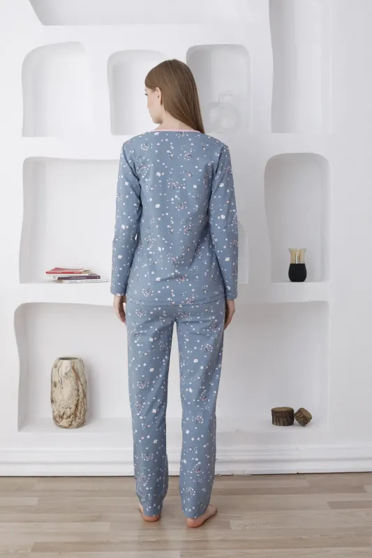 Çiçek Desenli Kadın Pijama Takımı - Uzun Kollu Likralı Penye 2808UY - 6