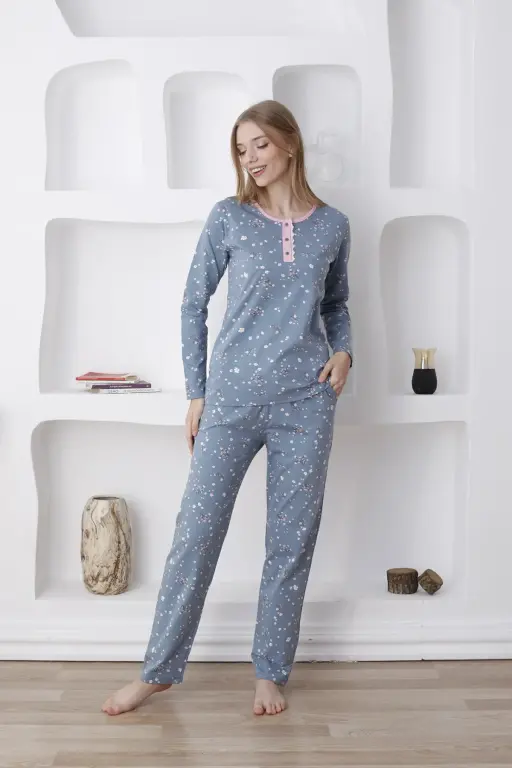Çiçek Desenli Kadın Pijama Takımı - Uzun Kollu Likralı Penye 2808UY - 1