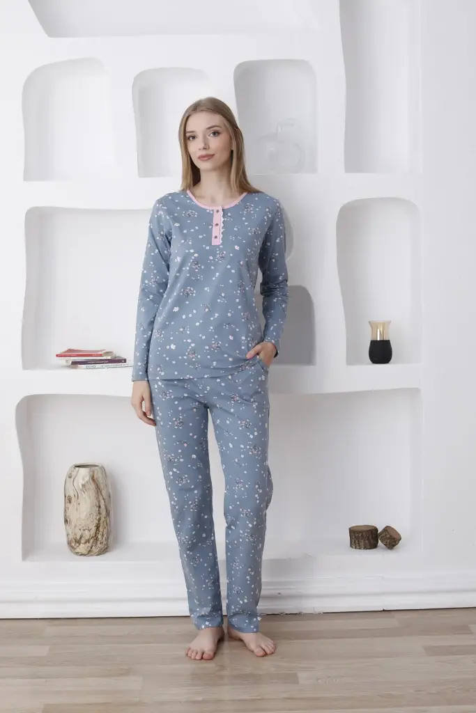 Çiçek Desenli Kadın Pijama Takımı - Uzun Kollu Likralı Penye 2808UY - 4