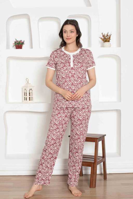 Gül Kurusu Çiçek Desenli Penye Bayan Pijama Takımı 2794KY - 3