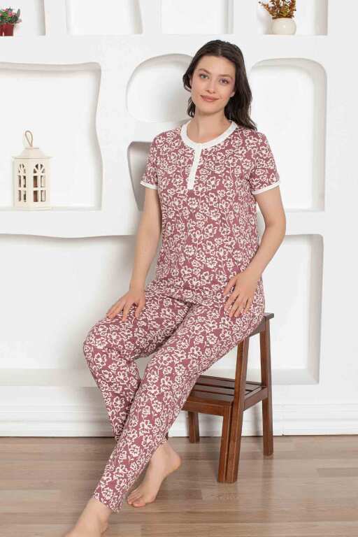 Gül Kurusu Çiçek Desenli Penye Bayan Pijama Takımı 2794KY - Alimer (1)
