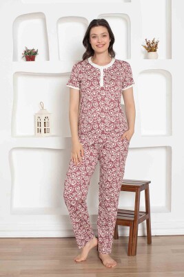 Gül Kurusu Çiçek Desenli Penye Bayan Pijama Takımı 2794KY - Alimer