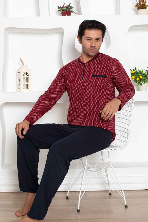 Çıpa Desenli Erkek Pijama Takımı - Bordo Penye Uzun Kollu 1208UY - Alimer (1)