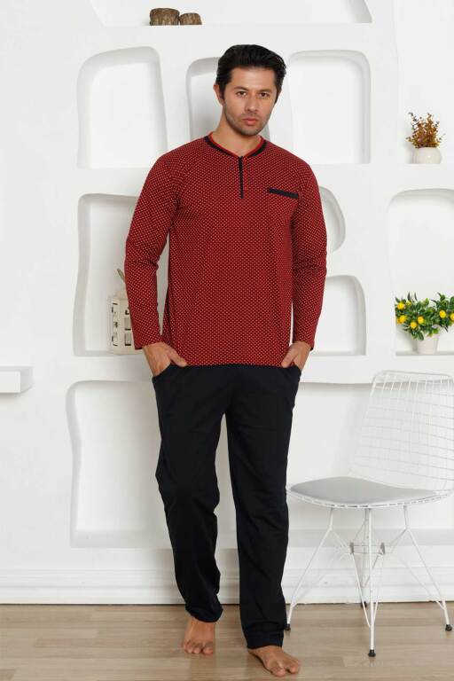 Çıpa Desenli Erkek Pijama Takımı - Bordo Penye Uzun Kollu 1208UY - 4
