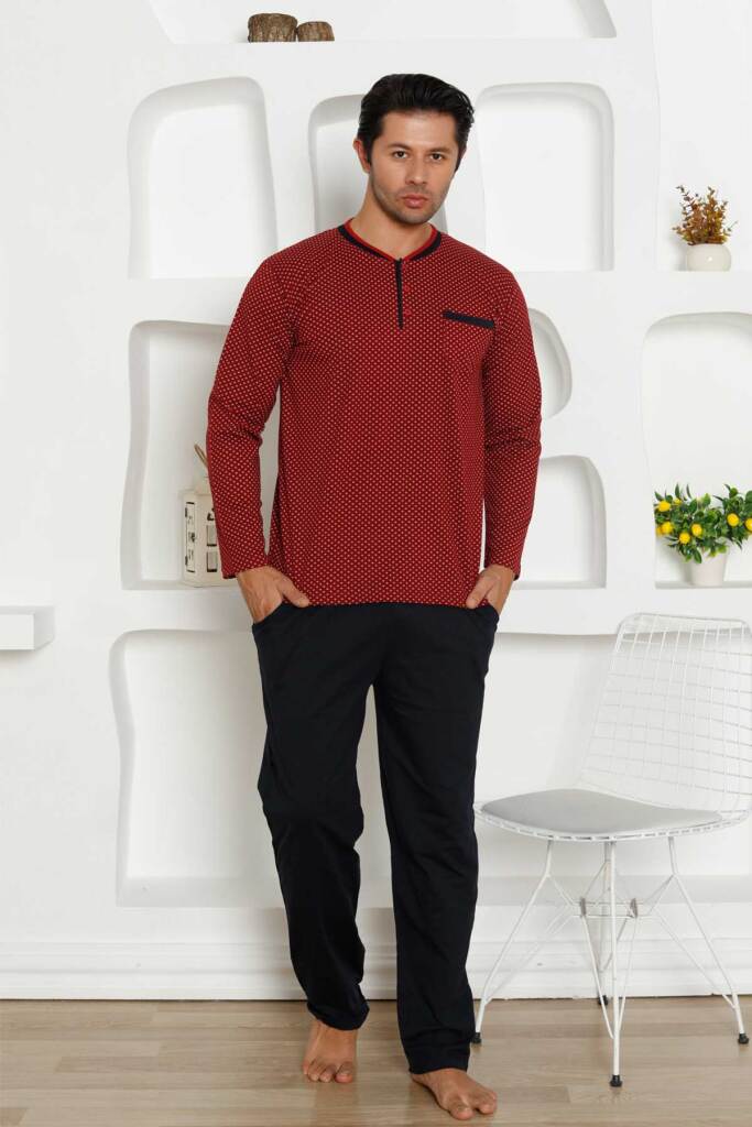 Çıpa Desenli Erkek Pijama Takımı - Bordo Penye Uzun Kollu 1208UY - 4