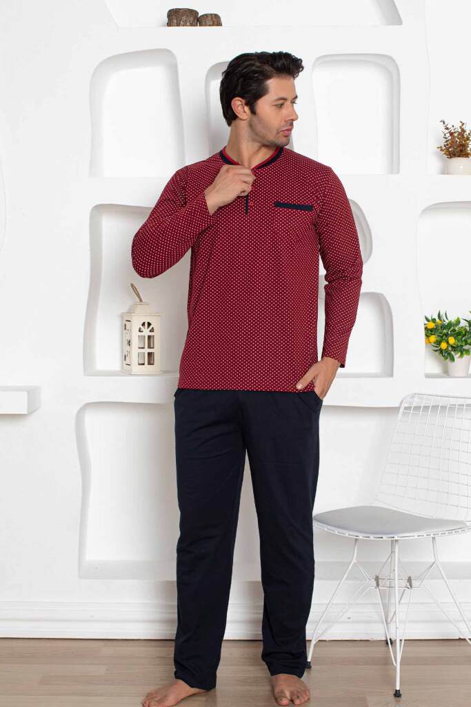 Çıpa Desenli Erkek Pijama Takımı - Bordo Penye Uzun Kollu 1208UY - 3