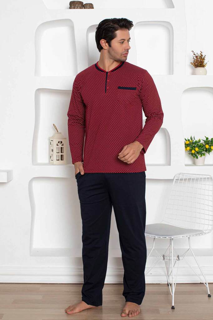 Çıpa Desenli Erkek Pijama Takımı - Bordo Penye Uzun Kollu 1208UY - 1