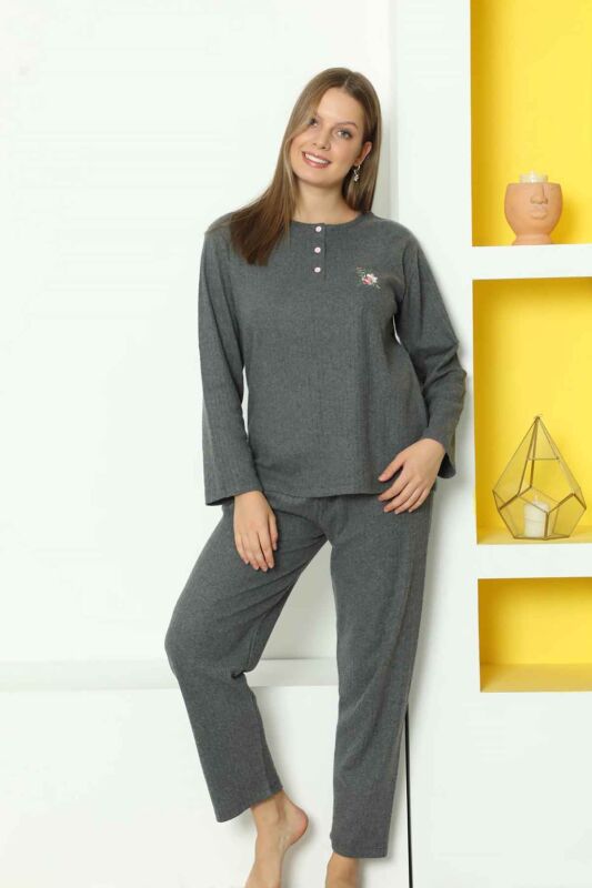 Çizgili Desenli Kadın Pijama Takımı - Antrasit Nakışlı Detaylı Kışlık Penye 034UK - 1