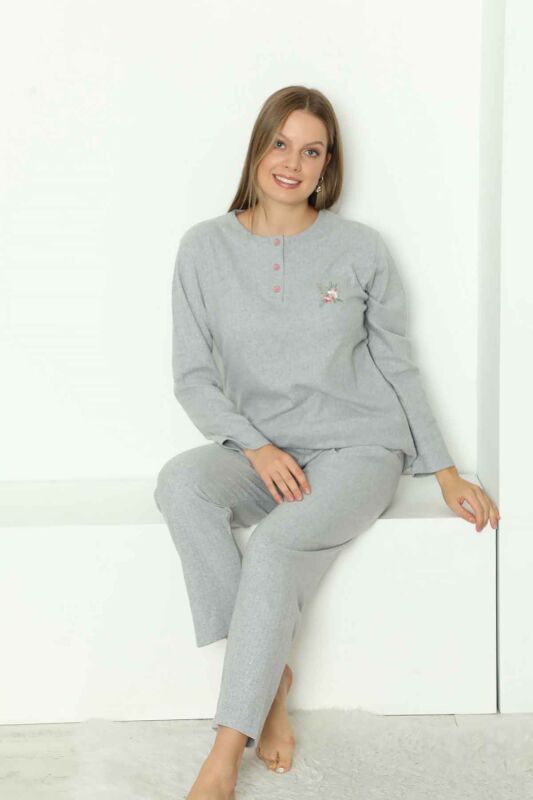 Çizgili Desenli Kadın Pijama Takımı - Gri Nakışlı Detaylı Kışlık Penye 034UK - 1