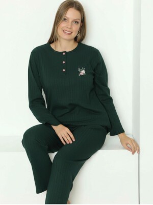 Çizgili Desenli Kadın Pijama Takımı - Haki Nakışlı Detaylı Kışlık Penye 034UK - Alimer