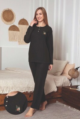 Çizgili Desenli Kadın Pijama Takımı - Haki Nakışlı Detaylı Kışlık Penye 034UK - Alimer