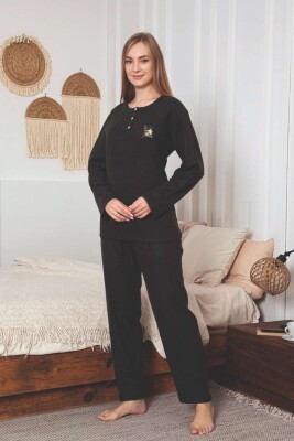 Çizgili Desenli Kadın Pijama Takımı - Haki Nakışlı Detaylı Kışlık Penye 034UK - 5