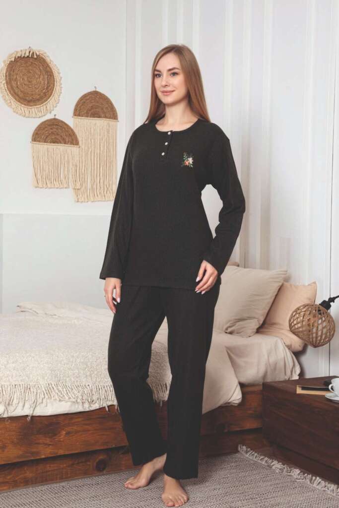 Çizgili Desenli Kadın Pijama Takımı - Haki Nakışlı Detaylı Kışlık Penye 034UK - 3