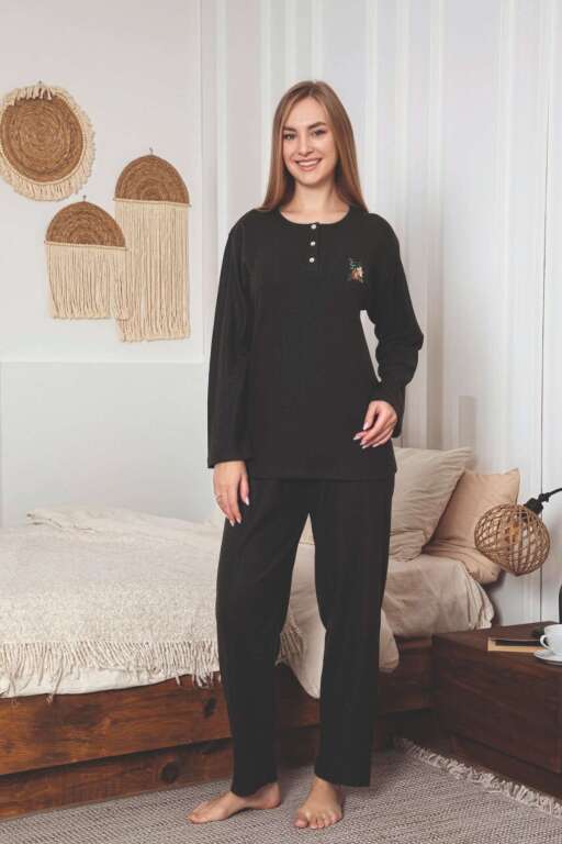 Çizgili Desenli Kadın Pijama Takımı - Haki Nakışlı Detaylı Kışlık Penye 034UK - Alimer