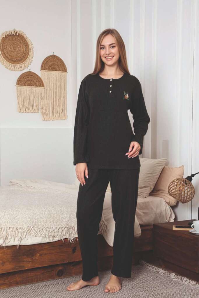 Çizgili Desenli Kadın Pijama Takımı - Haki Nakışlı Detaylı Kışlık Penye 034UK - 1