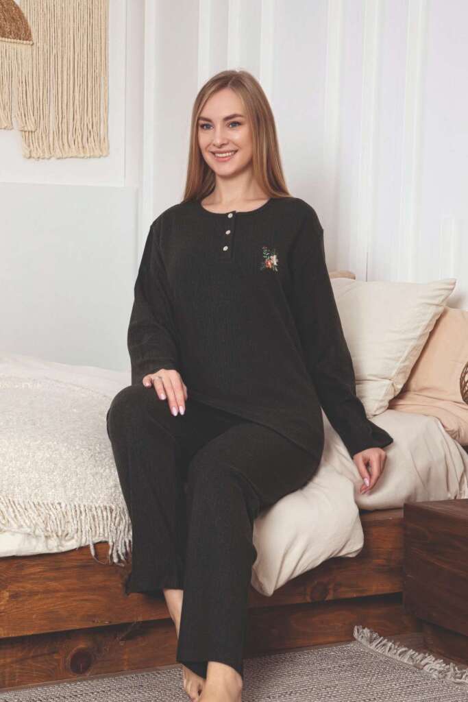 Çizgili Desenli Kadın Pijama Takımı - Haki Nakışlı Detaylı Kışlık Penye 034UK - 2