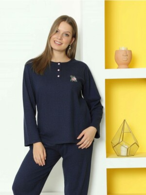 Çizgili Desenli Kadın Pijama Takımı - İndigo Nakışlı Detaylı Kışlık Penye 034UK - Alimer
