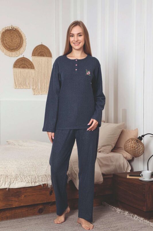 Çizgili Desenli Kadın Pijama Takımı - İndigo Nakışlı Detaylı Kışlık Penye 034UK - 2