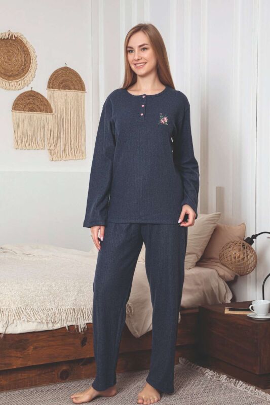 Çizgili Desenli Kadın Pijama Takımı - İndigo Nakışlı Detaylı Kışlık Penye 034UK - 4
