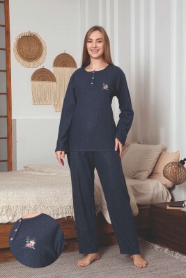 Çizgili Desenli Kadın Pijama Takımı - İndigo Nakışlı Detaylı Kışlık Penye 034UK - Alimer