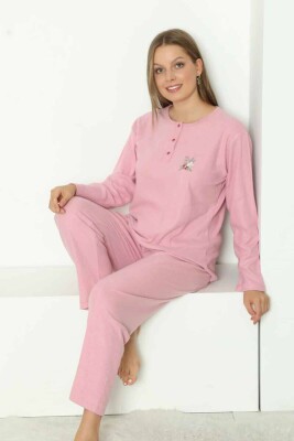 Çizgili Desenli Kadın Pijama Takımı - Gülkurusu Nakışlı Detaylı Kışlık Penye 034UK - 1