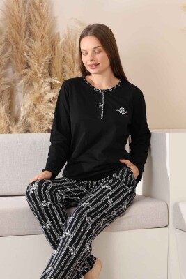 Çizgili Kadın Pijama Takımı - Siyah Nakışlı Uzun Kollu Likralı Pamuk 2883UK - Alimer (1)