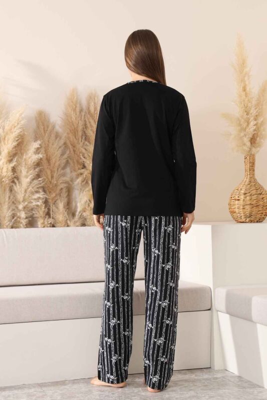 Çizgili Kadın Pijama Takımı - Siyah Nakışlı Uzun Kollu Likralı Pamuk 2883UK - 5