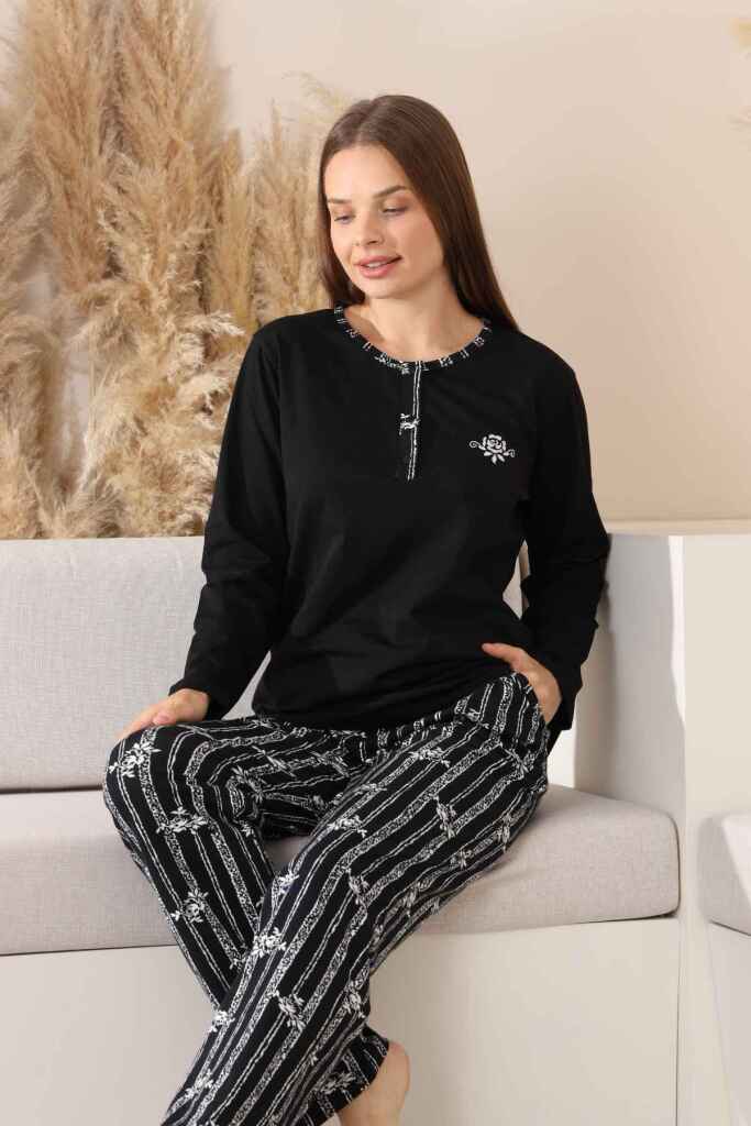 Çizgili Kadın Pijama Takımı - Siyah Nakışlı Uzun Kollu Likralı Pamuk 2883UK - 2