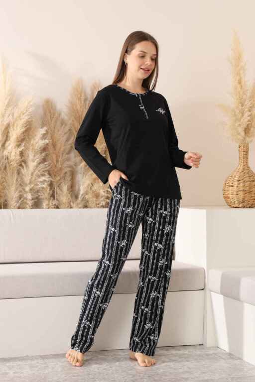 Çizgili Kadın Pijama Takımı - Siyah Nakışlı Uzun Kollu Likralı Pamuk 2883UK - 3